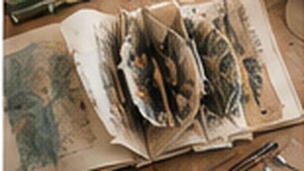 Libro aperto trasformato con inserti, pieghe e carte.