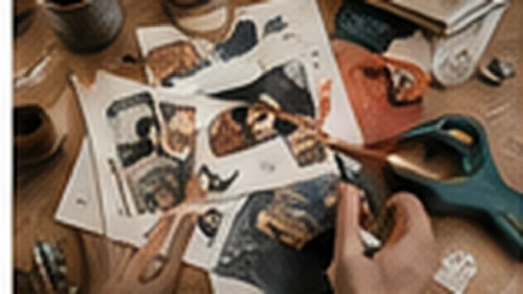 Tavolo da lavoro con carte, fotografie e strumenti per collage.