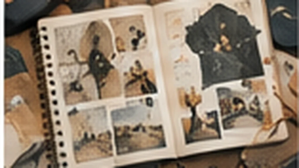 Taccuino aperto con immagini, carta e materiali raccolti.