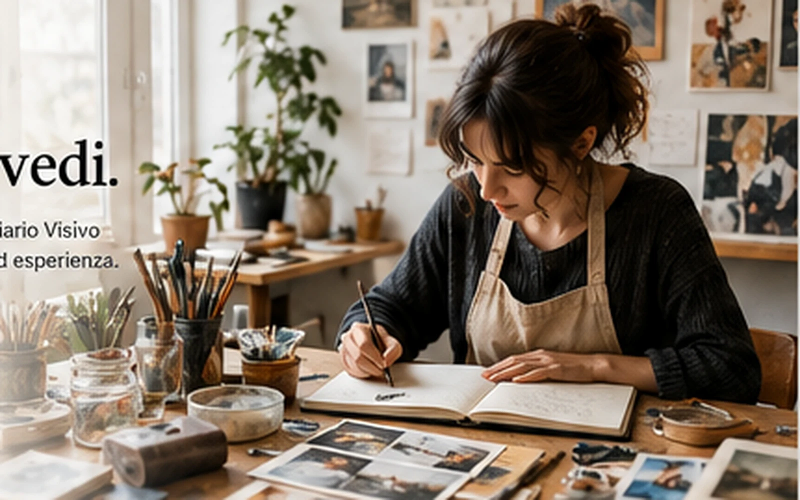 Persona che lavora a un diario visivo con fotografie, carta e strumenti da disegno.